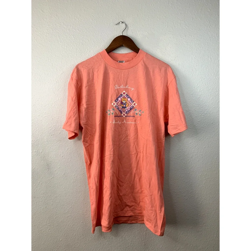 Vintage Smoky Mountains Shirt Pink Gatlinburg Jerzees Teddy Bear T-Shirt VTG L